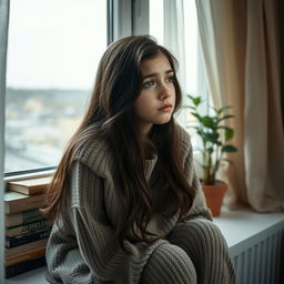 A very sad 20-year-old Russian girl sitting on a windowsill, gazing out with a distant look in her eyes