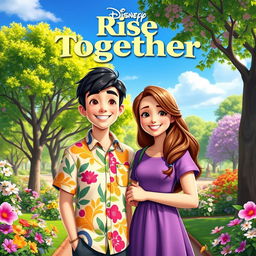 A vibrant, eye-catching Disney-style poster titled 'Rise Together', featuring two students: a male student with short, dark hair wearing a colorful shirt, and a female student with long, wavy brown hair dressed in a casual dress