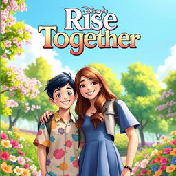 A vibrant, eye-catching Disney-style poster titled 'Rise Together', featuring two students: a male student with short, dark hair wearing a colorful shirt, and a female student with long, wavy brown hair dressed in a casual dress