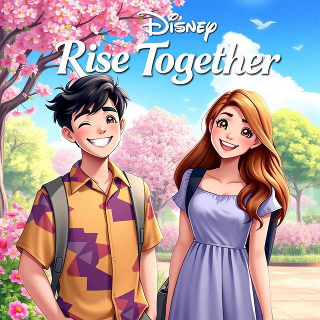 A vibrant, eye-catching Disney-style poster titled 'Rise Together', featuring two students: a male student with short, dark hair wearing a colorful shirt, and a female student with long, wavy brown hair dressed in a casual dress