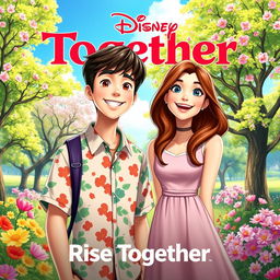 A vibrant, eye-catching Disney-style poster titled 'Rise Together', featuring two students: a male student with short, dark hair wearing a colorful shirt, and a female student with long, wavy brown hair dressed in a casual dress