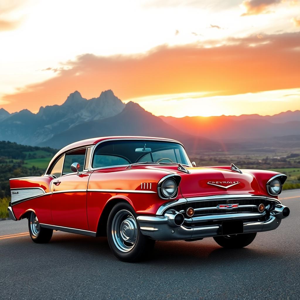 A classic Chevrolet car parked on a scenic highway during sunset, showcasing its vibrant red color and gleaming chrome details