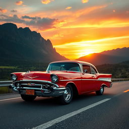 A classic Chevrolet car parked on a scenic highway during sunset, showcasing its vibrant red color and gleaming chrome details