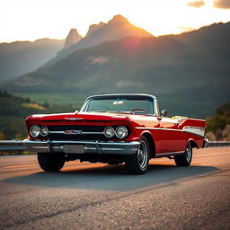 A classic Chevrolet car parked on a scenic highway during sunset, showcasing its vibrant red color and gleaming chrome details