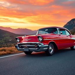 A classic Chevrolet car parked on a scenic highway during sunset, showcasing its vibrant red color and gleaming chrome details