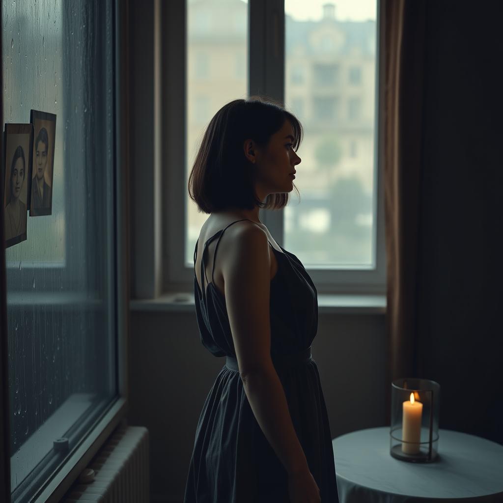 A very sad 25-year-old Russian woman standing alone in a dimly lit room, her posture slightly hunched as she gazes out the window with a wistful expression