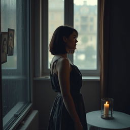 A very sad 25-year-old Russian woman standing alone in a dimly lit room, her posture slightly hunched as she gazes out the window with a wistful expression