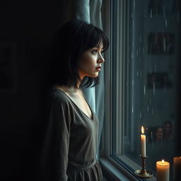 A very sad 25-year-old Russian woman standing alone in a dimly lit room, her posture slightly hunched as she gazes out the window with a wistful expression