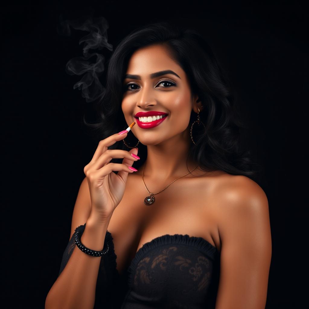 A scene depicting a fashionable and confident Indian woman with a captivating smile, engaged in smoking a cigarette against a chic black background