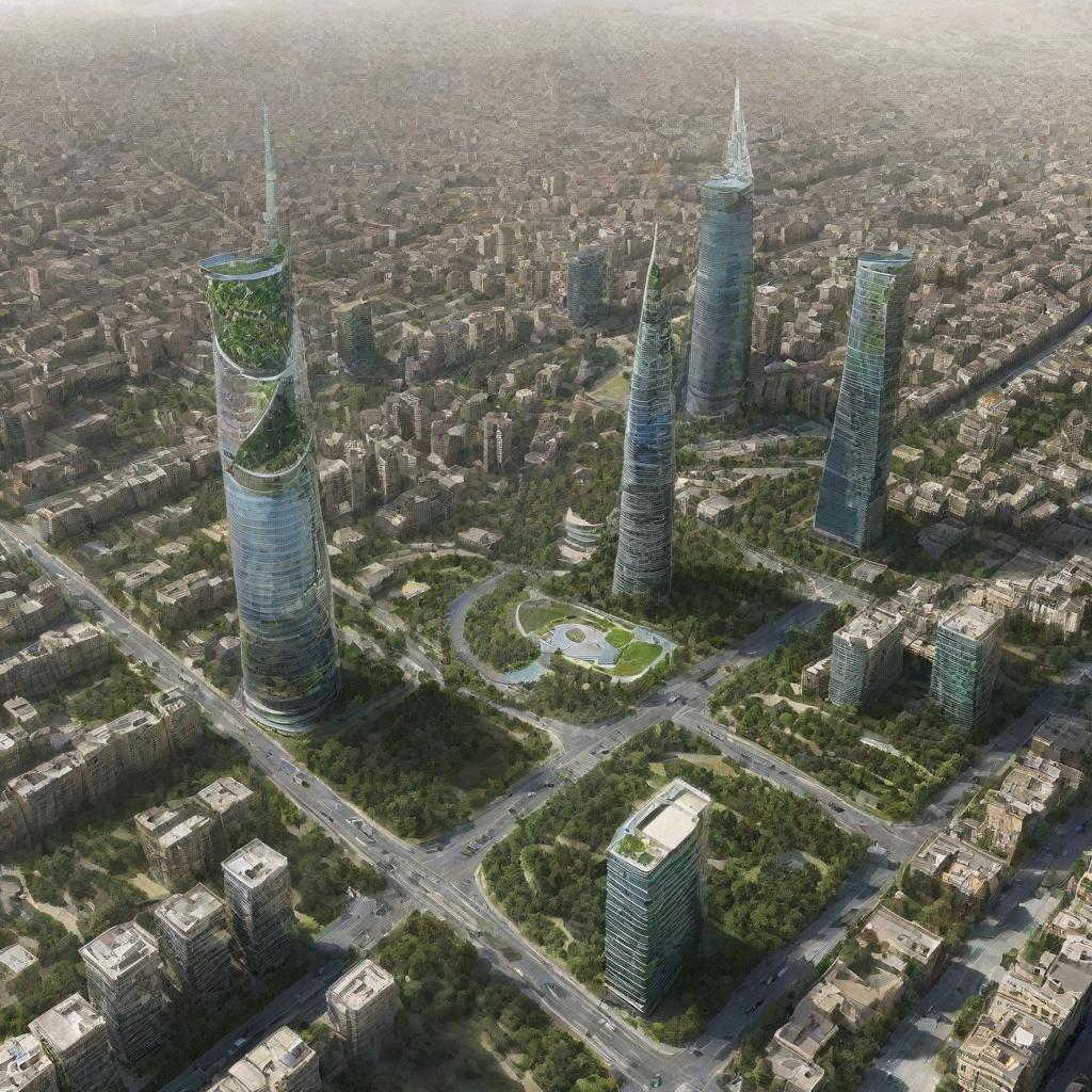 A futuristic visualization of Tehran in 20 years, with advancements in architecture, technology, and green spaces, highlighting the possible evolution of the city.