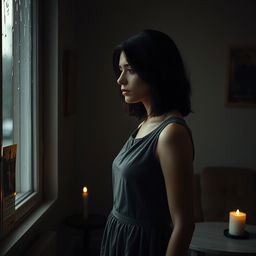 A very sad 25-year-old Russian woman standing alone in a dimly lit room, her posture slightly hunched as she gazes out the window with a wistful expression