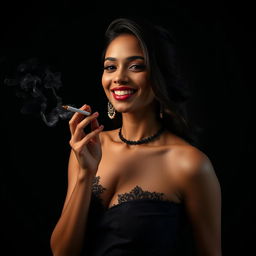 A scene depicting a fashionable and confident Indian woman with a captivating smile, engaged in smoking a cigarette against a chic black background