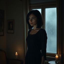 A very sad 25-year-old Russian woman standing alone in a dimly lit room, her posture slightly hunched as she gazes out the window with a wistful expression