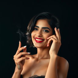 A scene depicting a fashionable and confident Indian woman with a captivating smile, engaged in smoking a cigarette against a chic black background