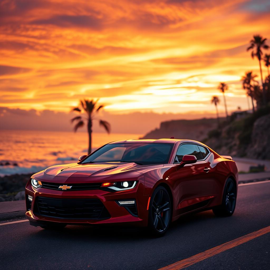 a shiny red Chevrolet car parked on a scenic coastal road during sunset, the sky painted with vibrant orange and purple hues, palm trees silhouetted against the colorful sky, ocean waves gently crashing onto the rocky shore, capturing the essence of a tranquil drive; the car's sleek lines and shiny paint reflecting the sunlight beautifully