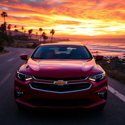 a shiny red Chevrolet car parked on a scenic coastal road during sunset, the sky painted with vibrant orange and purple hues, palm trees silhouetted against the colorful sky, ocean waves gently crashing onto the rocky shore, capturing the essence of a tranquil drive; the car's sleek lines and shiny paint reflecting the sunlight beautifully