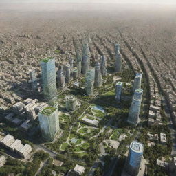 A futuristic visualization of Tehran in 20 years, with advancements in architecture, technology, and green spaces, highlighting the possible evolution of the city.