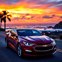 a shiny red Chevrolet car parked on a scenic coastal road during sunset, the sky painted with vibrant orange and purple hues, palm trees silhouetted against the colorful sky, ocean waves gently crashing onto the rocky shore, capturing the essence of a tranquil drive; the car's sleek lines and shiny paint reflecting the sunlight beautifully