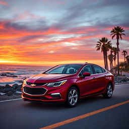 a shiny red Chevrolet car parked on a scenic coastal road during sunset, the sky painted with vibrant orange and purple hues, palm trees silhouetted against the colorful sky, ocean waves gently crashing onto the rocky shore, capturing the essence of a tranquil drive; the car's sleek lines and shiny paint reflecting the sunlight beautifully