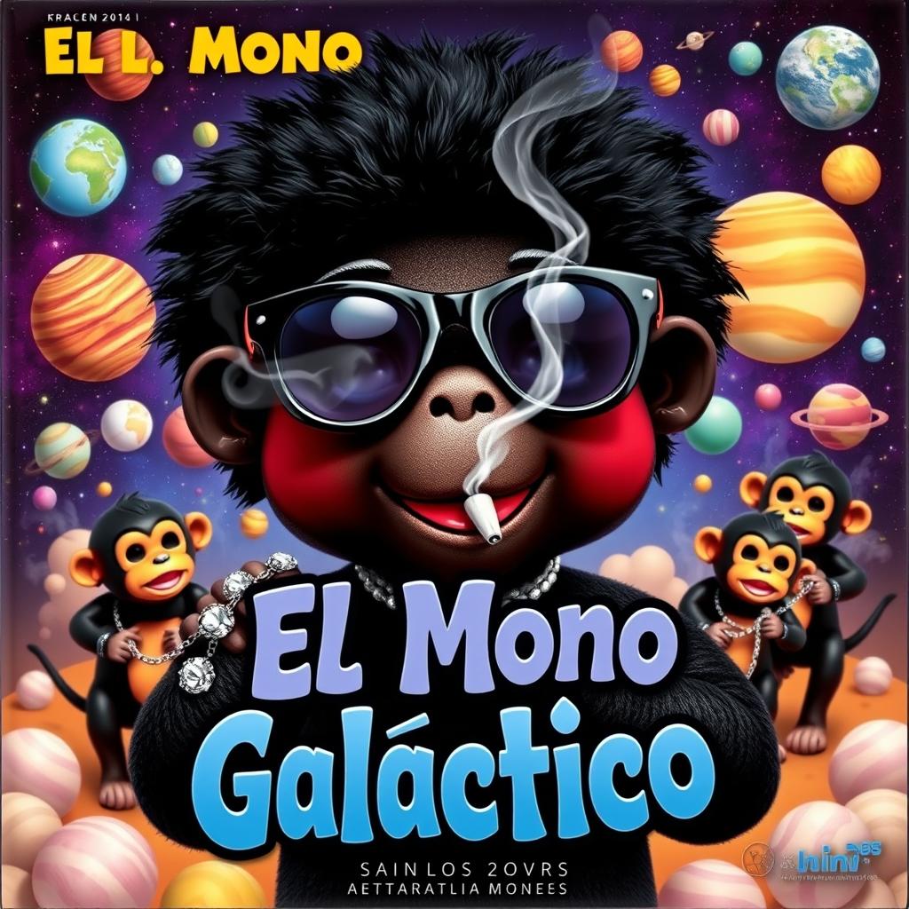 A vibrant and colorful music album cover featuring a black character doll wearing dark space glasses