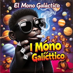 A vibrant and colorful music album cover featuring a black character doll wearing dark space glasses