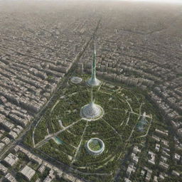 A futuristic visualization of Tehran in 20 years, with advancements in architecture, technology, and green spaces, highlighting the possible evolution of the city.