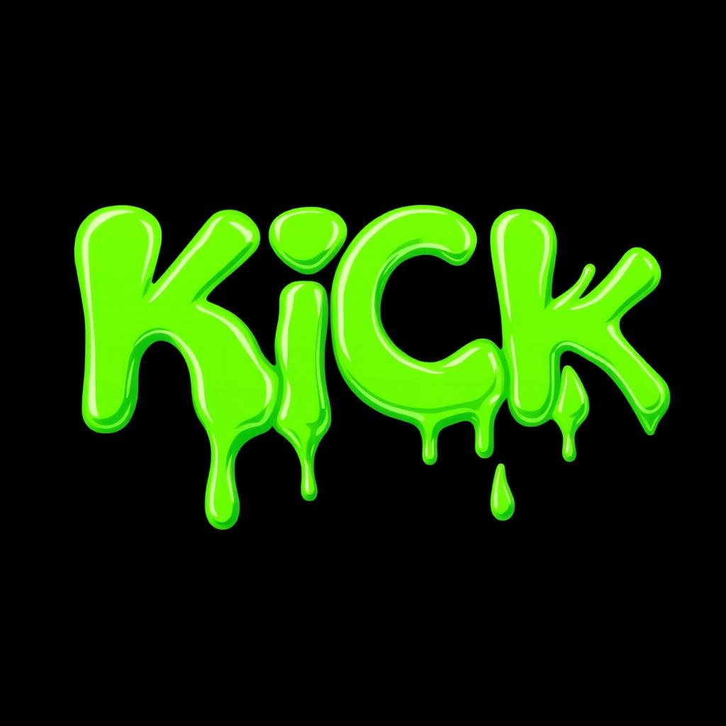 A vibrant, 2D design featuring the word 'KICK' in bold, green letters that appear to be melting like slime