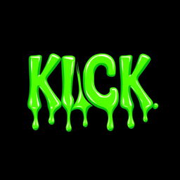 A vibrant, 2D design featuring the word 'KICK' in bold, green letters that appear to be melting like slime