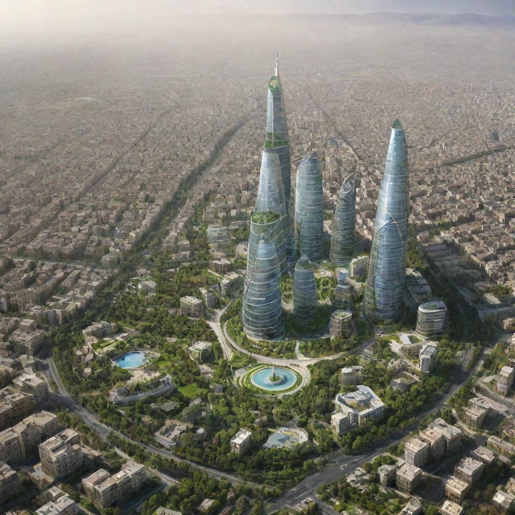 A futuristic visualization of Tehran in 20 years, with advancements in architecture, technology, and green spaces, highlighting the possible evolution of the city.