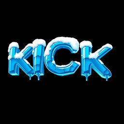 A striking, 2D design featuring the word 'KICK' in bold, icy blue letters that look frozen, with a glossy, reflective texture reminiscent of ice