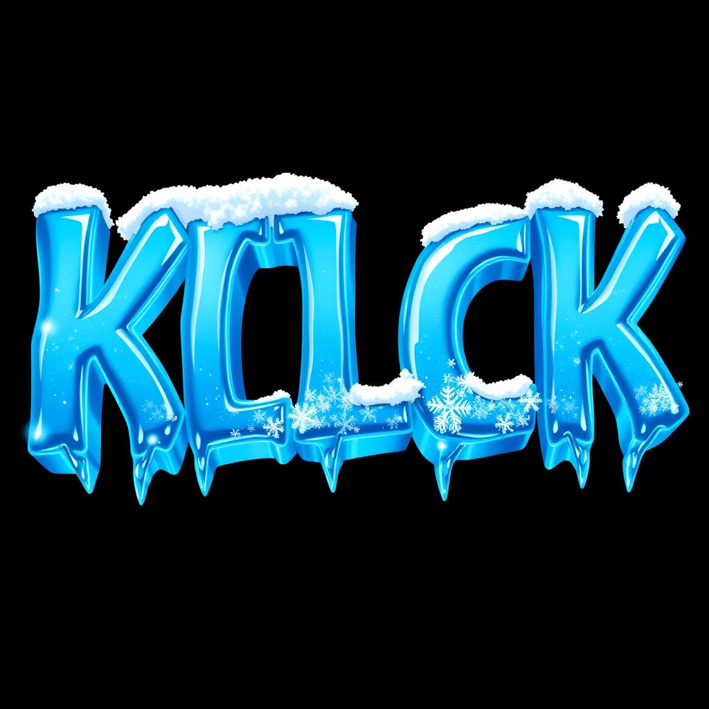 A striking, 2D design featuring the word 'KICK' in bold, icy blue letters that look frozen, with a glossy, reflective texture reminiscent of ice