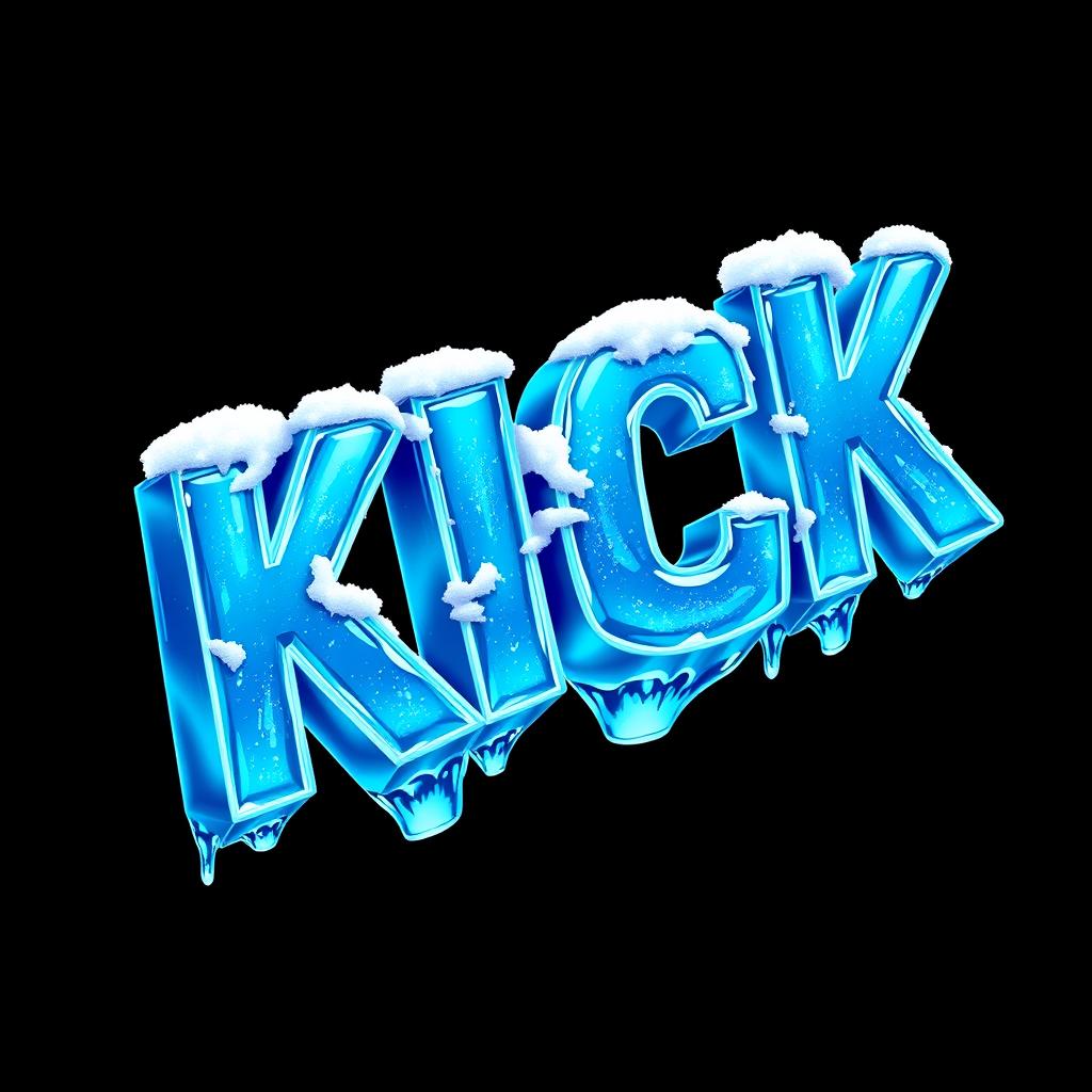 A striking, 2D design featuring the word 'KICK' in bold, icy blue letters that look frozen, with a glossy, reflective texture reminiscent of ice