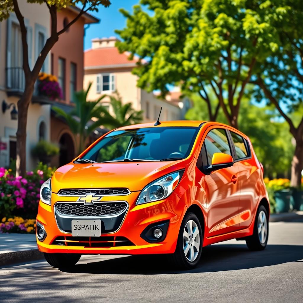 A vibrant Chevrolet Spark parked on a picturesque street, showcasing its sleek and compact design