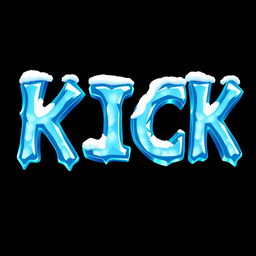 A striking, 2D design featuring the word 'KICK' in bold, icy blue letters that look frozen, with a glossy, reflective texture reminiscent of ice