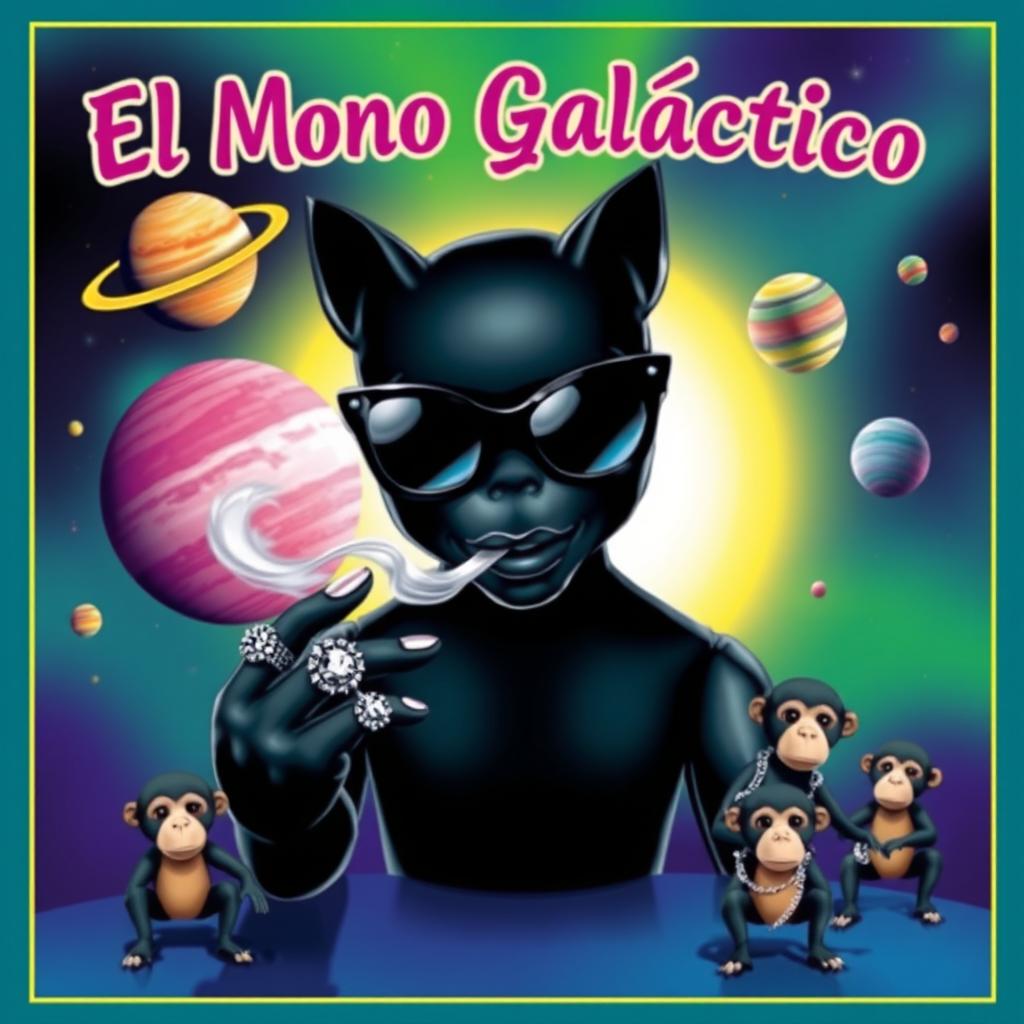 A vibrant and colorful cover design featuring a black doll in the center, wearing sleek black cat-eye sunglasses