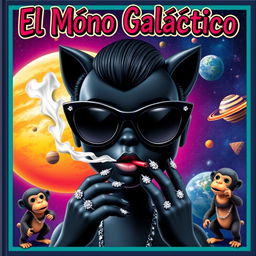 A vibrant and colorful cover design featuring a black doll in the center, wearing sleek black cat-eye sunglasses