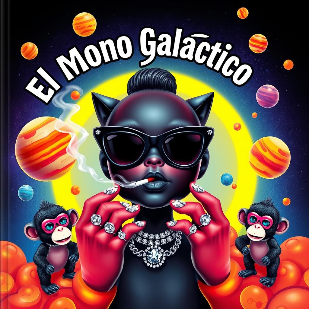 A vibrant and colorful cover design featuring a black doll in the center, wearing sleek black cat-eye sunglasses