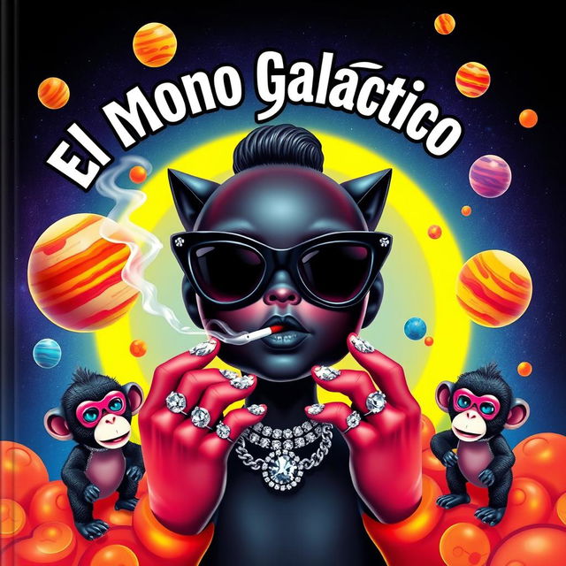 A vibrant and colorful cover design featuring a black doll in the center, wearing sleek black cat-eye sunglasses