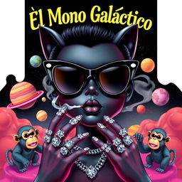 A vibrant and colorful cover design featuring a black doll in the center, wearing sleek black cat-eye sunglasses