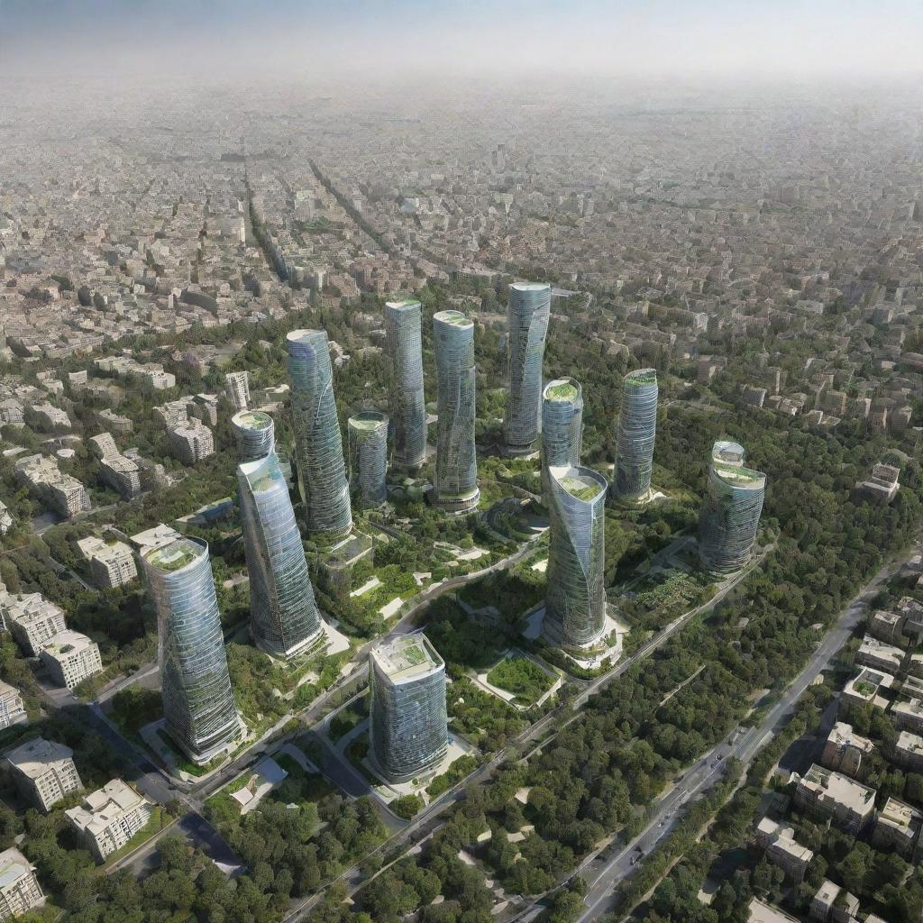 Speculative visualization of Tehran in 100 years, envisaging ultra-modern architecture, advanced technology, and lush greenery, painting a picture of a potential future