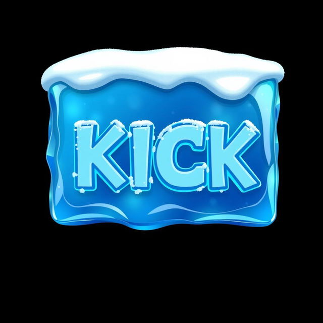 A captivating 2D illustration featuring a blue rectangle designed to look like a piece of ice, with the word 'KICK' boldly displayed in the center in a frozen blue font