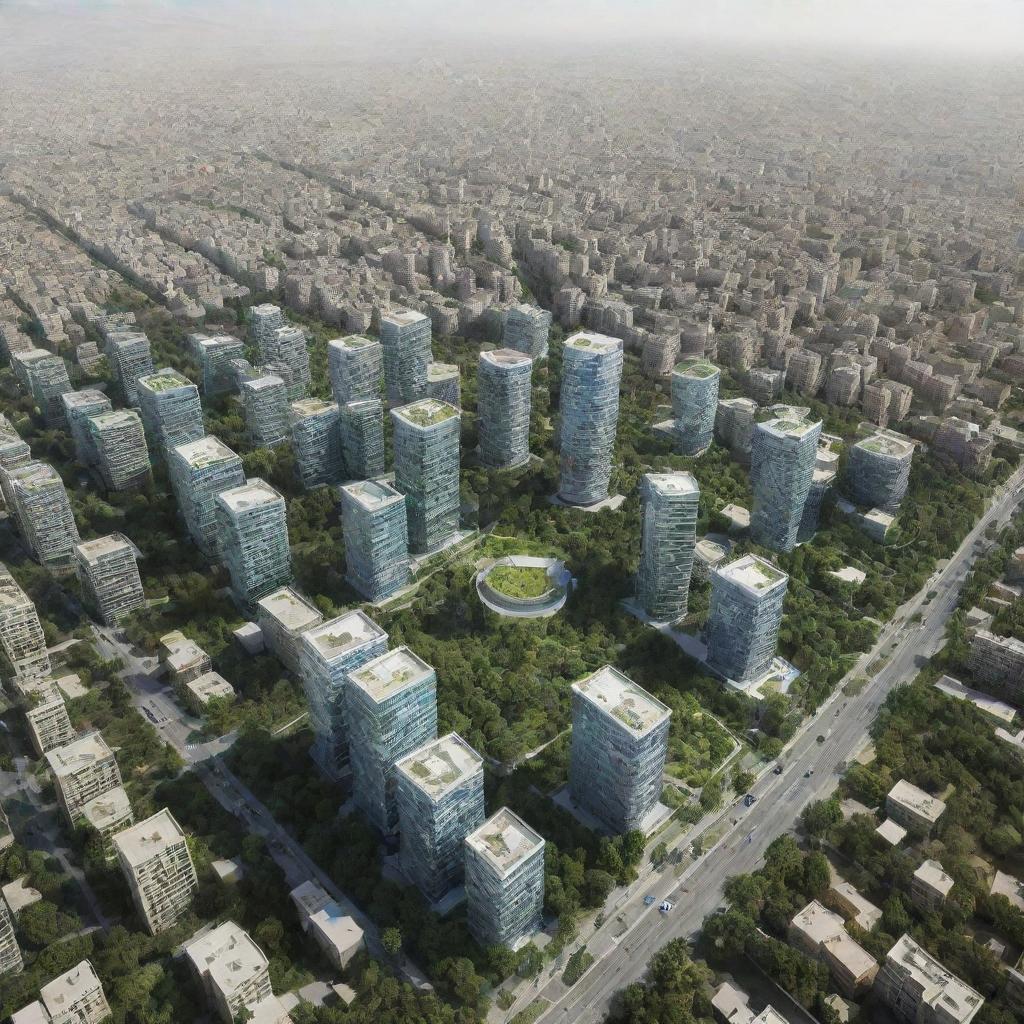 Speculative visualization of Tehran in 100 years, envisaging ultra-modern architecture, advanced technology, and lush greenery, painting a picture of a potential future