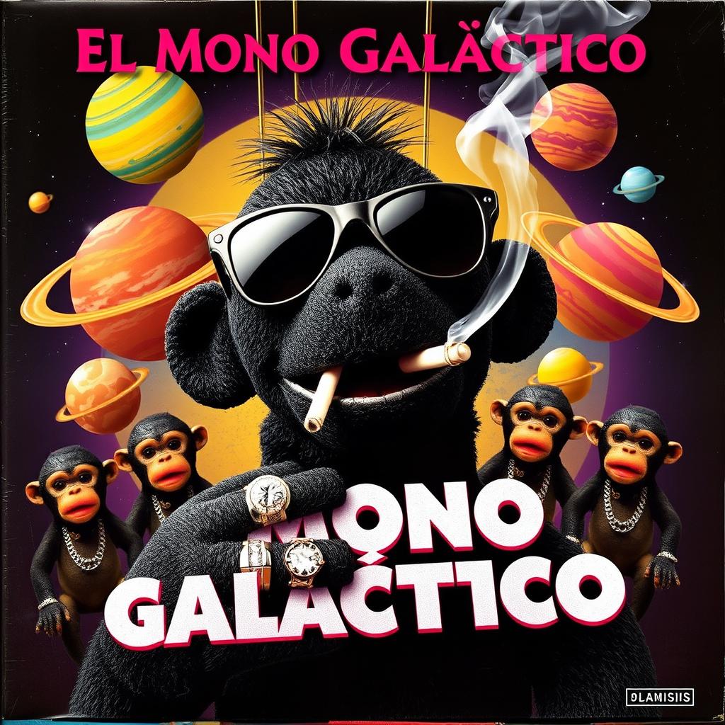 A vibrant music album cover featuring a black puppet with dark sunglasses and a cigarette in its mouth, with smoke rising from the cigarette