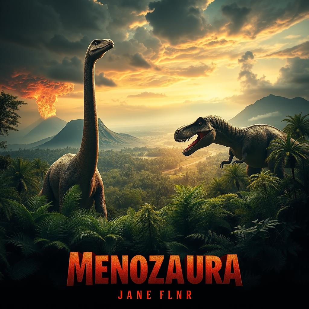 A cinematic movie poster showcasing the Mesozoic era, featuring a lush prehistoric landscape with dinosaurs roaming freely