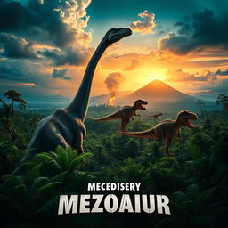 A cinematic movie poster showcasing the Mesozoic era, featuring a lush prehistoric landscape with dinosaurs roaming freely