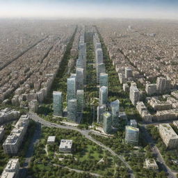 Speculative visualization of Tehran in 100 years, envisaging ultra-modern architecture, advanced technology, and lush greenery, painting a picture of a potential future