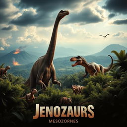 A cinematic movie poster showcasing the Mesozoic era, featuring a lush prehistoric landscape with dinosaurs roaming freely