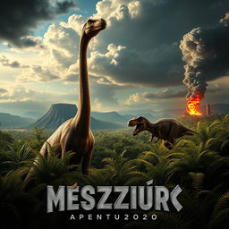 A cinematic movie poster showcasing the Mesozoic era, featuring a lush prehistoric landscape with dinosaurs roaming freely