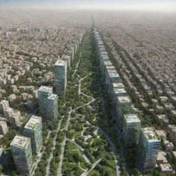 Speculative visualization of Tehran in 100 years, envisaging ultra-modern architecture, advanced technology, and lush greenery, painting a picture of a potential future