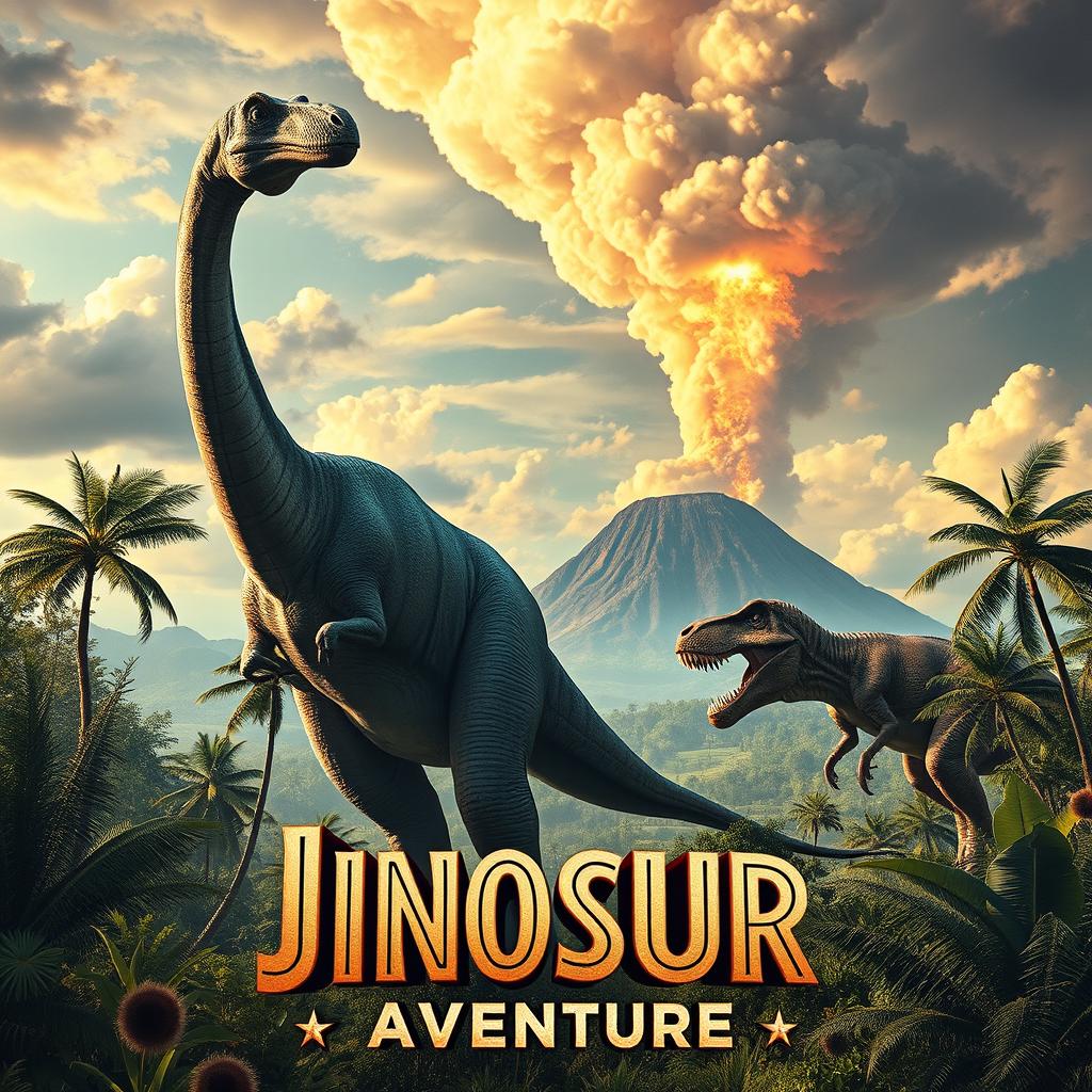 Um cartaz cinematográfico que retrata a era mesozóica, apresentando uma paisagem pré-histórica exuberante com dinossauros vagando livremente